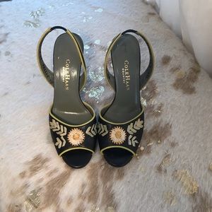 Floral Embellished Black Leather Slingbacks